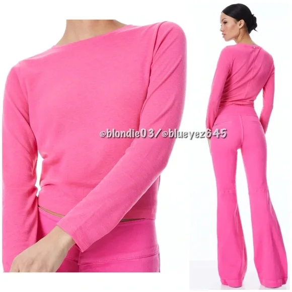 Alice + Olivia Cindy Classic Cropped Long Sleeve Tee in Candy S - Picture 2 of 5